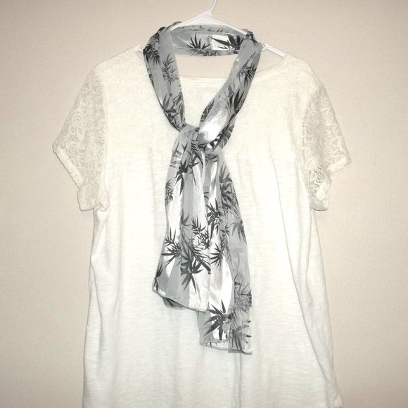 Scarf Light Grey with Black Palm Leaves Lightweight Long Accessory Woman S13 - Picture 3 of 7
